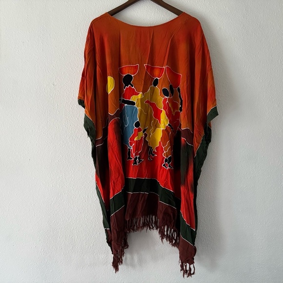 Kaftan Poncho Tunic One Size Relaxed Fit Cover Tassel Fringe Vibrant Multicolor - Picture 14 of 14